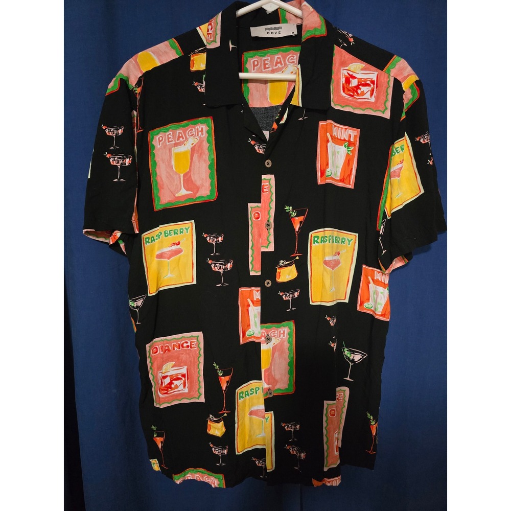 Cove Mens Cocktail Fruit Graphic Print Short Sleeve Button Down Shirt Black M